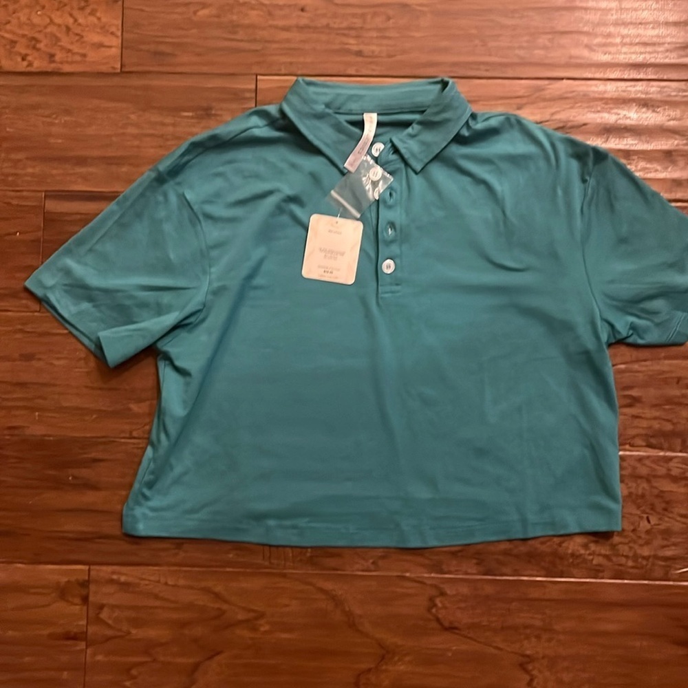 Fabletics Short Sleeve Boxy Polo Cropped Top in Dark Teal Size S